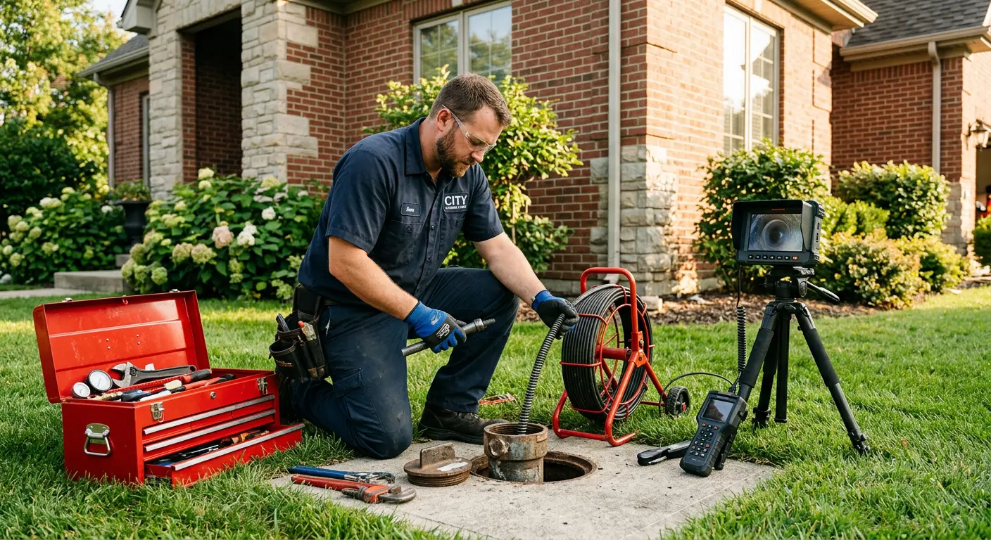 Sewer specialist with camera equipment servicing a cleanout in Huron