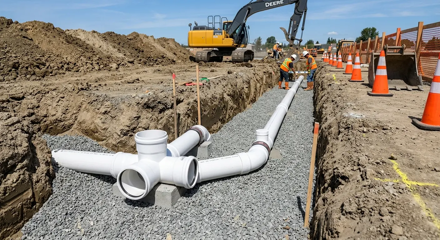 New PVC sewer pipe installation in open trench for Sewer Backup in Huron