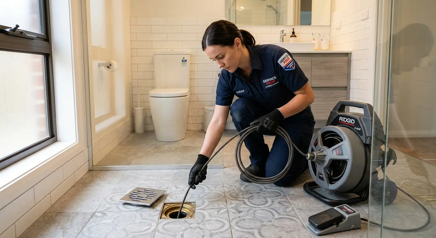 Technician clearing a bathroom floor drain for Drain Cleaning in Huron